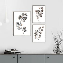 Beige Silver Dollar Eucalyptus, Minimalist Set of 2 Prints Scandi Wall Art, Light Brown Beige Room Decor