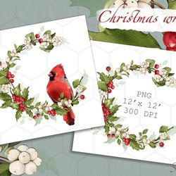 christmas wreaths. red cardinals design sublimation design. digital download.