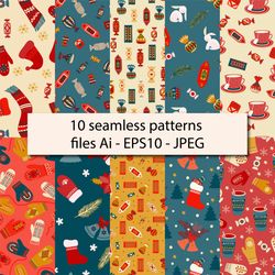 Set of trendy seamless patterns, winter holiday decor, digital paper, textile design