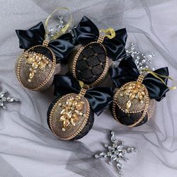 Christmas rhinestones ornaments black gold tree balls in gift box Xmas decorations, Tree decor set, New Year tree balls