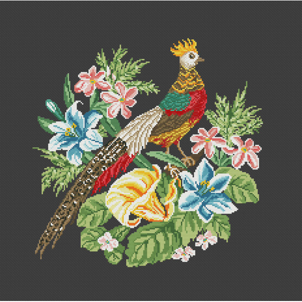 Cross Stitch Pheasant and lilies