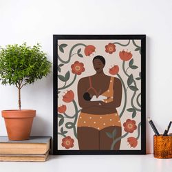 Black mom with newborn art, beautiful black curvy woman with baby, printable poster, breastfeeding poster
