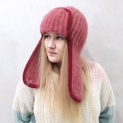 Hat pink womens warm hand-knitted