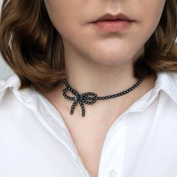 Hematite bow necklace, gray gemstine choker