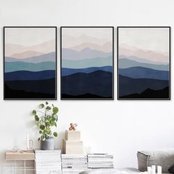 Mountain Painting Natural Art Set Of 3 Prints Downloadable Art Modern Triptych Navy Pink Wall Art Mountains Abstract