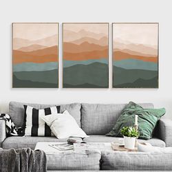 Mountain Modern Rust Green Wall Art Set Of 3 Prints Triptych Painting Mountains Abstract Natural Art Downloadable Prints