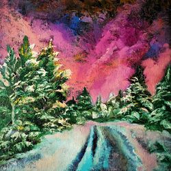 Winter Forest Original Oil Painting Sunset Artwork Pine Trees Painting Night Landscape Sunset Painting Canvas Art 10x 10