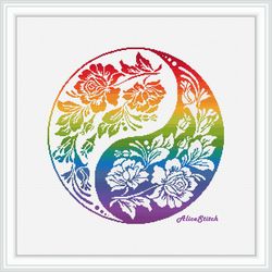 Cross stitch pattern Yin Yang Flowers Hibiscus rainbow ornament east mandala abstract roses counted crossstitch patterns