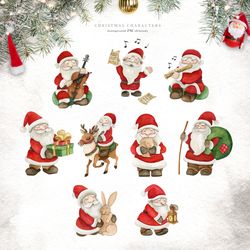 christmas characters. cute santa claus. watercolor hand drawn