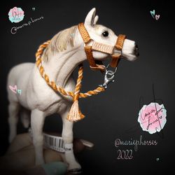 Schleich Halter and Lead Rope set, toy horse accessories, custom handmade model horse tack, Golden Brown and Light Gold