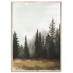 Fall Forest Art Print Autumn Landscape Watercolor Painting Pine Trees Wall Art Foggy Forest Poster