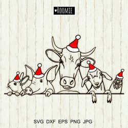 christmas farm animals with santa hat svg, cow pig goat rooster rabbit, christmas farmhouse sign cut files