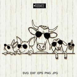 farm animals with sunglasses svg cricut, cow pig goat rooster, farmhouse sign laser cut file, farm animals clipart