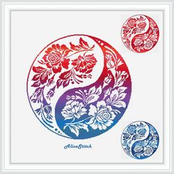 Cross stitch pattern Yin Yang Flowers Hibiscus monochrome ornament east mandala abstract roses counted pattens PDF