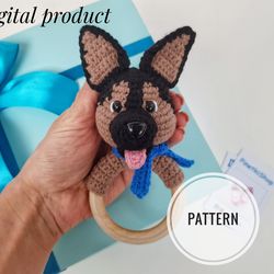 Crochet pattern baby rattle Dog German Shepherd, Amigurumi Pattern teether, Baby Toy pattern