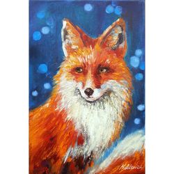 Fox Painting Animal Original Wall Art Red Fox Original Oil Painting on Canvas by 12x8 inch by Kiklevich