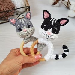 Baby rattle cat, cat stuffed animal, kitten toy, baby toy, crochet teether, newborn gift