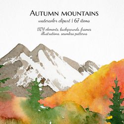 watercolor autumn mountain clipart, fall landscape illustration,
