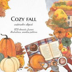 Watercolor fall clipart, Autumn country landscape illustrations, Thanksgiving digital paper, fall wreath png
