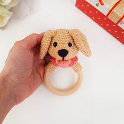 Baby rattle dog Labrador Retriever, baby toy, crochet teether, puppy toy, newborn gift, mini crochet animal