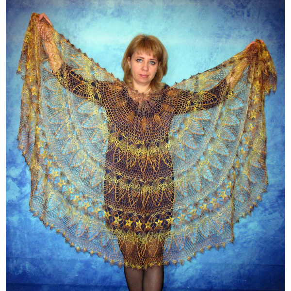 Gold crochet openwork shawl, Hand knit Russian Orenburg shawl, Shoulder wrap, Goat down stole, Warm bridal cape, Wool cover up, Kerchief, Gift for a woman.JPG