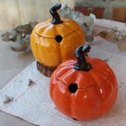Ceramic pumpkin with lid/ Sugar jar/ Ceramic honey pot/ Sugar container/Yellow ceramic pumpkin jars/ Halloween pumpkin