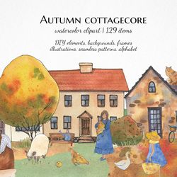 Cottagecore fall clipart, Watercolor autumn illustrations, Farm landscape png