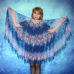 Blue-pink crochet shoulder wrap, Hand knit warm Russian Orenburg shawl, Goat down stole,Wool cape,Cover up,Women's scarf