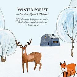 winter forest clipart, watercolor Christmas woodland animals illustrations