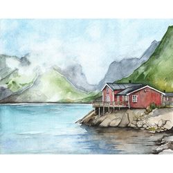 Norway Painting Red House Original Art Foggy Mountain Landscape Fjords Watercolor Artwork Seascape Wall Art by AlyonArt