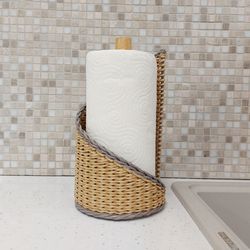paper towel holder organizer. handmade roll dispenser for kitchen countertop. wicker basket for storing paper towels