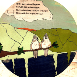 hand painted acrylic art on 10 inch round wood sign, thank you quote with pair of birds and landscape