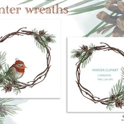 Winter wreaths, robin clipart, sublimation. Digital Download.