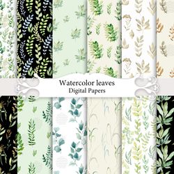 Watercolor leaves, seamless patterns.