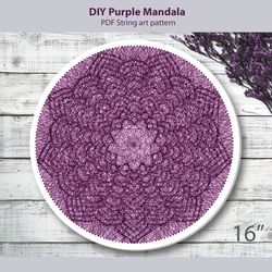 String art patterns PDF. Purple Mandala wall hanging. String art template. Mandala tutorial.