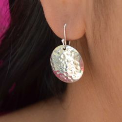 925 Silver Curve Round Disc Hammered Earrings Jewelry