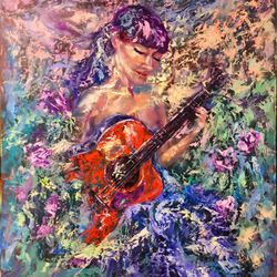 guitar girl woman art original large oil painting soul song artist svinar oksana
