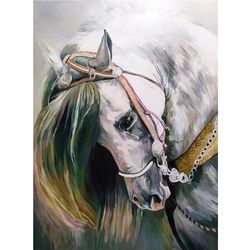 White Horse Painting Horse Canvas Horse Decor Original White Horse Oil Painting by Guldar