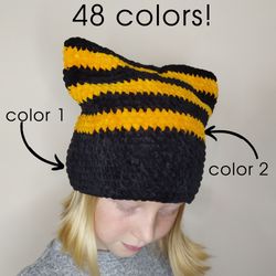 Cat ears beanie crochet Custom colors! Plush beanie hat fleece lined Striped beanie with cat ears