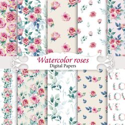 watercolor roses, seamless patterns.