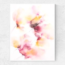Abstract floral painting with loose pink watercolor flowers for bedroom wall decor. Neutral floral wall art for nursery.