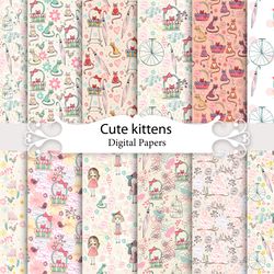 Cute kittens, girls, seamless patterns.