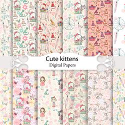 cute kittens, girls, seamless patterns.