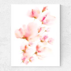 Pink flowers watercolor painting for bedroom wall decor. Impressionist floral art. Neutral nursery wall art decor