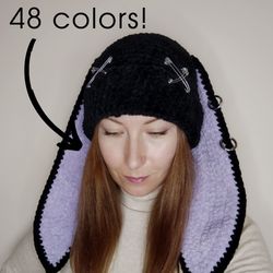 Black bunny beanie crochet Custom ears colors! Bunny ear hat goth Plush bunny beanie with charms Goth hat for teens
