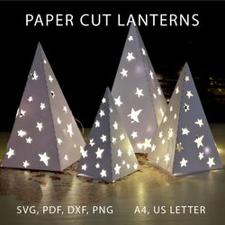Christmas paper pyramid lanterns with stars in SVG, DXF, PNG and PDF formats, Laser cut templates in SVG and DXF