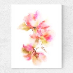 Pink flowers watercolor painting for bedroom wall decor. Impressionist floral art. Neutral nursery wall art decor
