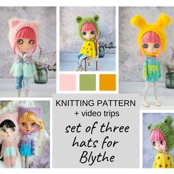 Set of three patterns for knitting hat for Blythe, Blythe hat knit tutorial, Doll hat knitting pattern, Blythe knit
