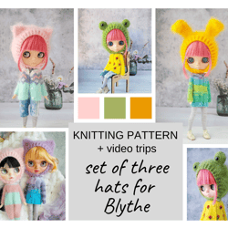 set of three patterns for knitting hat for blythe, blythe hat knit tutorial, doll hat knitting pattern, blythe knit