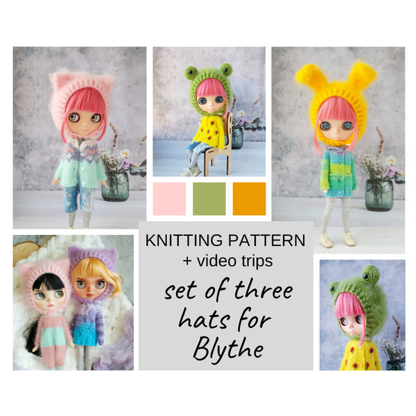 Set of three patterns for knitting hat for Blythe, Blythe hat knit tutorial, Doll hat knitting pattern, Blythe knit helmet